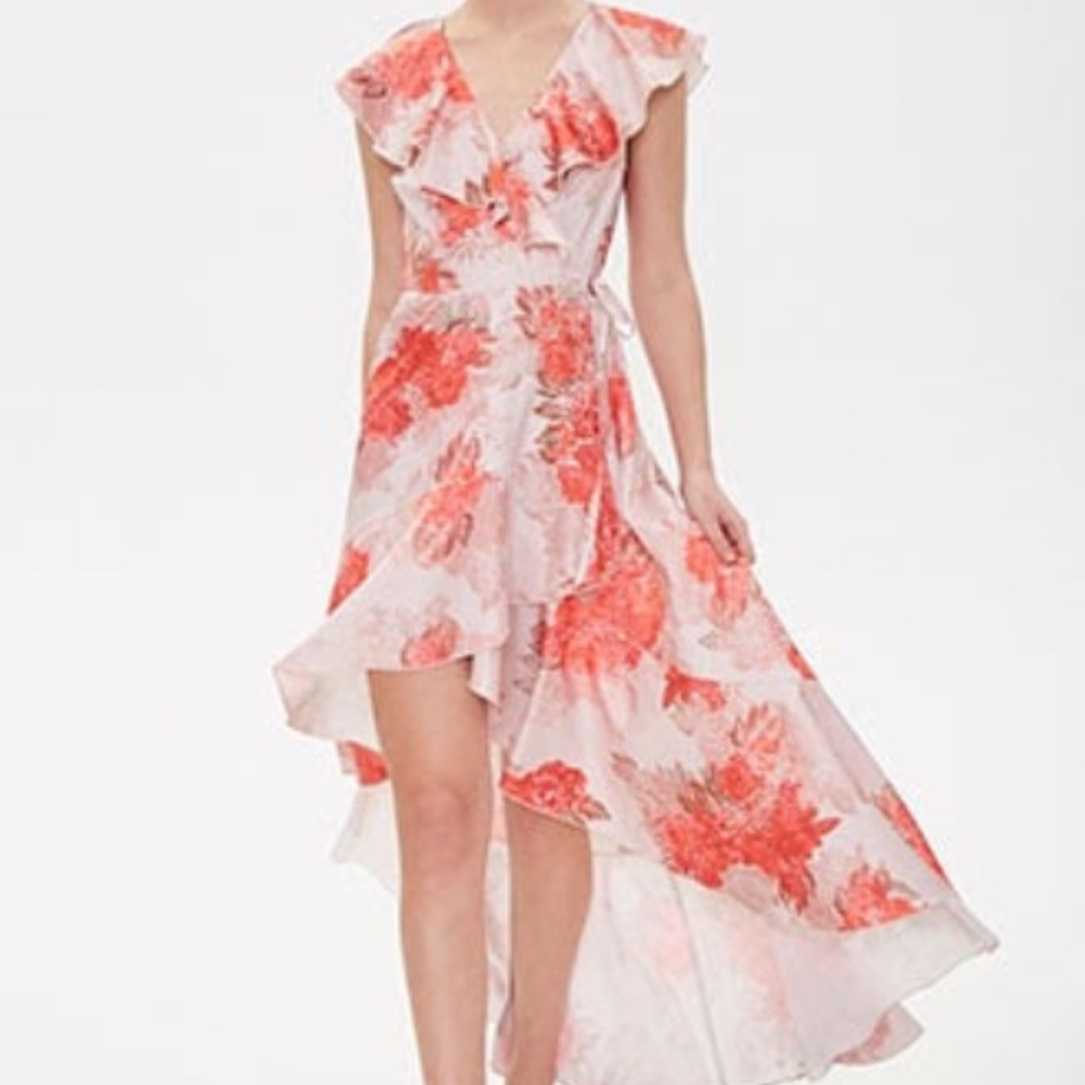 Satin Floral High-Low Wrap Dress